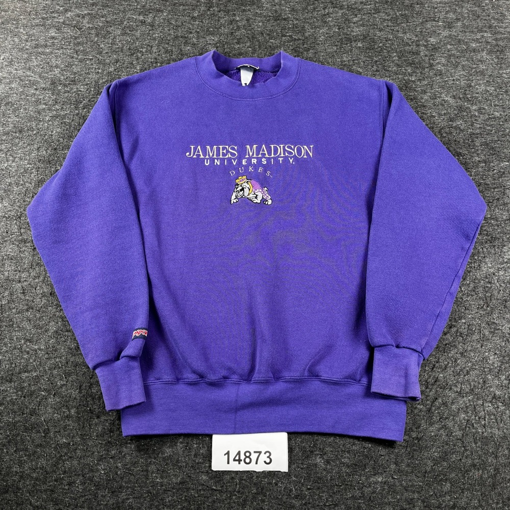 Vintage JanSport Sweatshirt Unisex Small Purple Good JMU Dukes Bulldog Crewneck